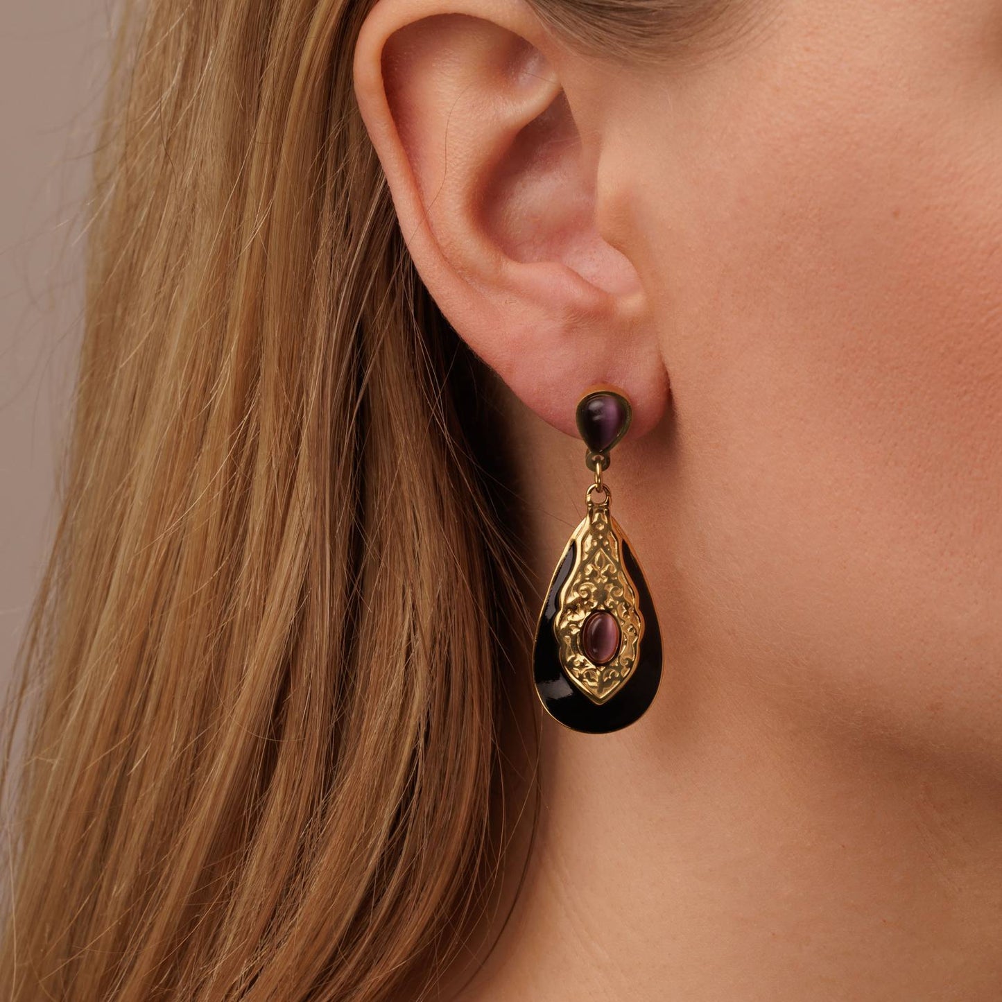 Gold Plated Black Gothic Drop Earrings