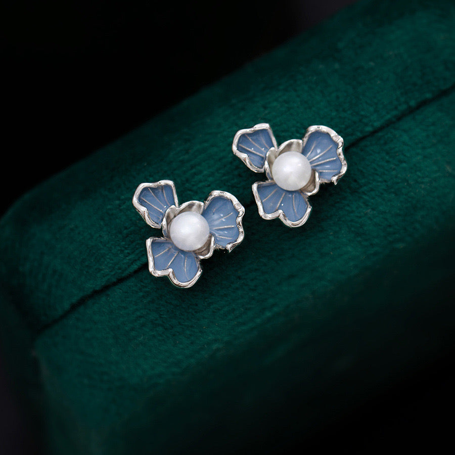 Blue Floral Pearl Earrings 7-7.5mm Size