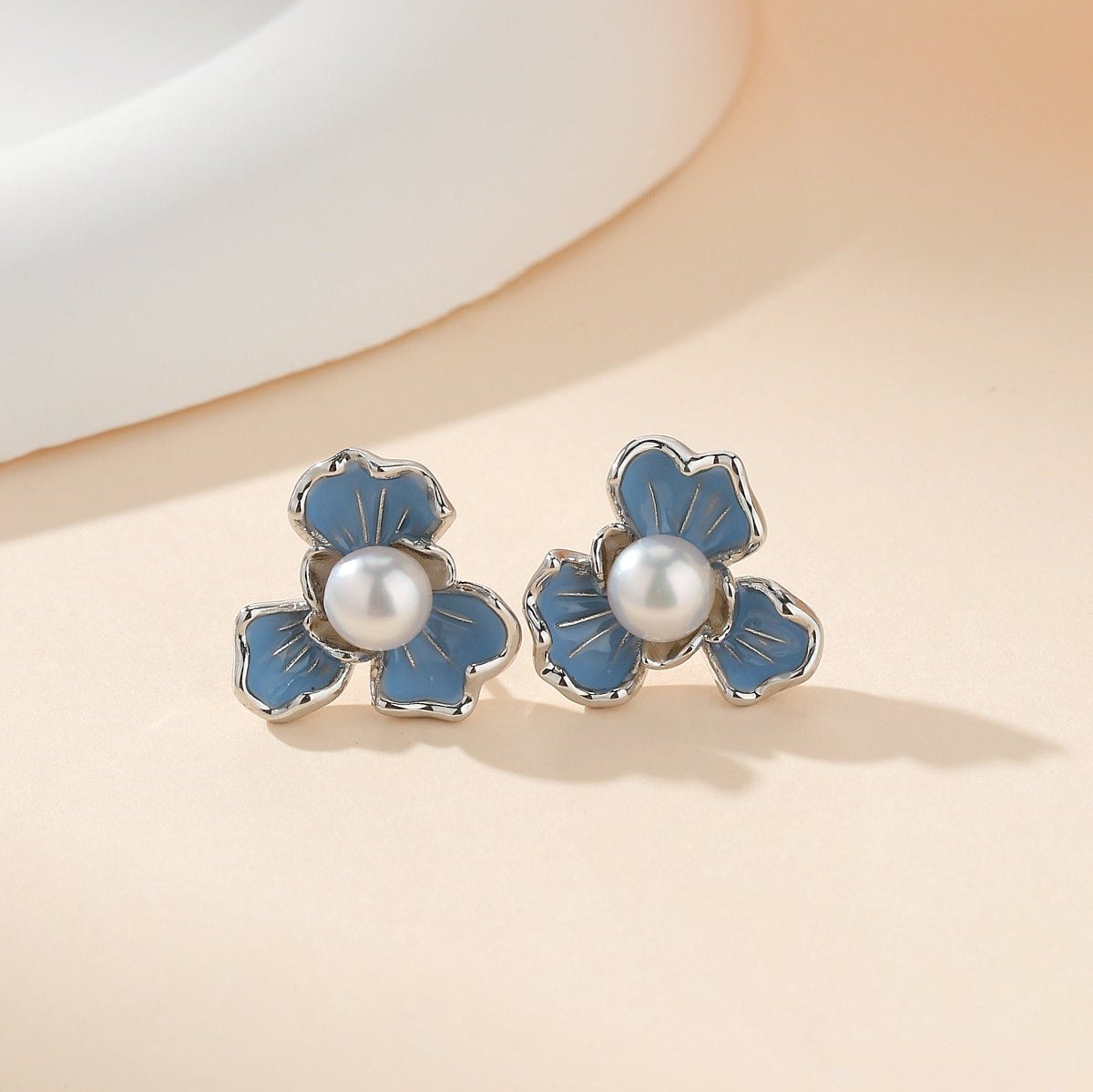 Blue Floral Pearl Earrings 7-7.5mm Size