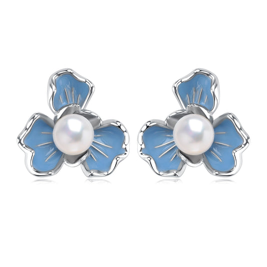 Blue Floral Pearl Earrings 7-7.5mm Size