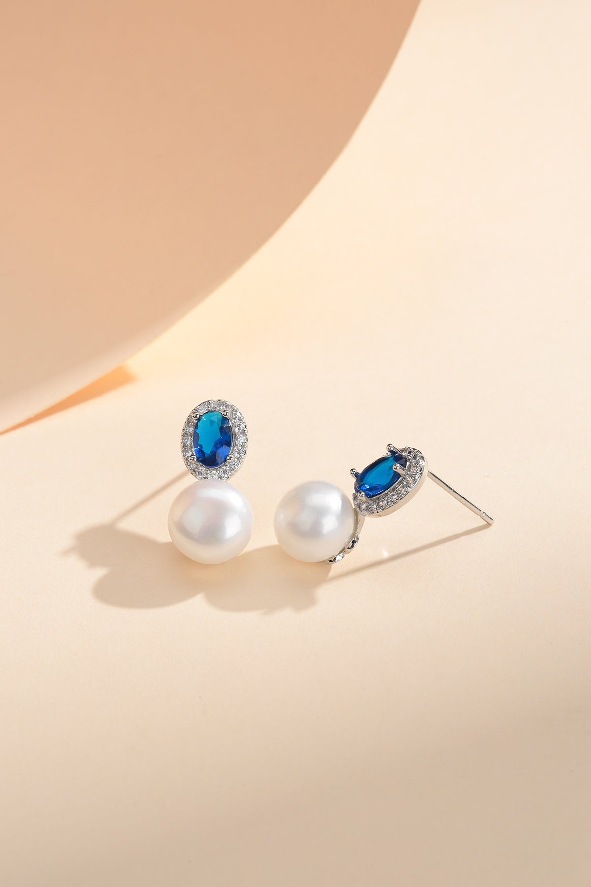 Blue Crystal and Pearl Earrings in Silver