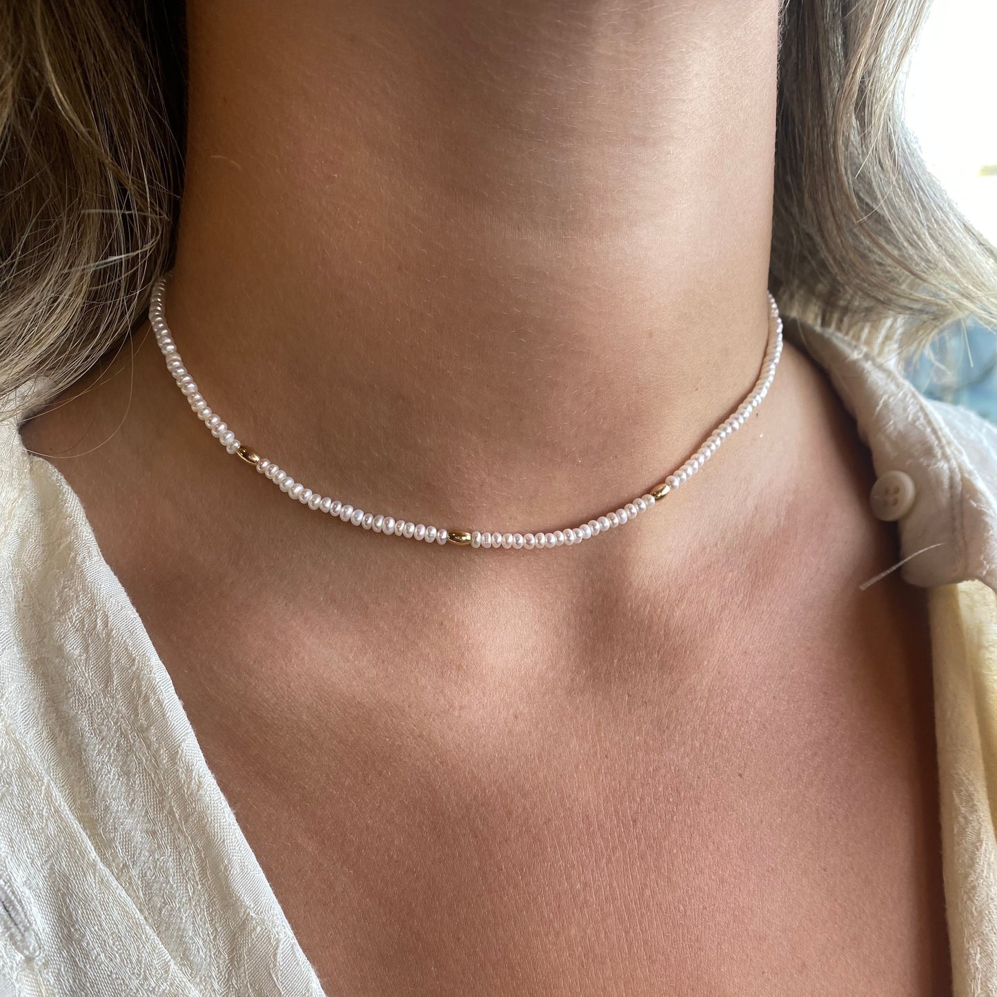 Beaded Pearl Choker Necklace in Bali Style