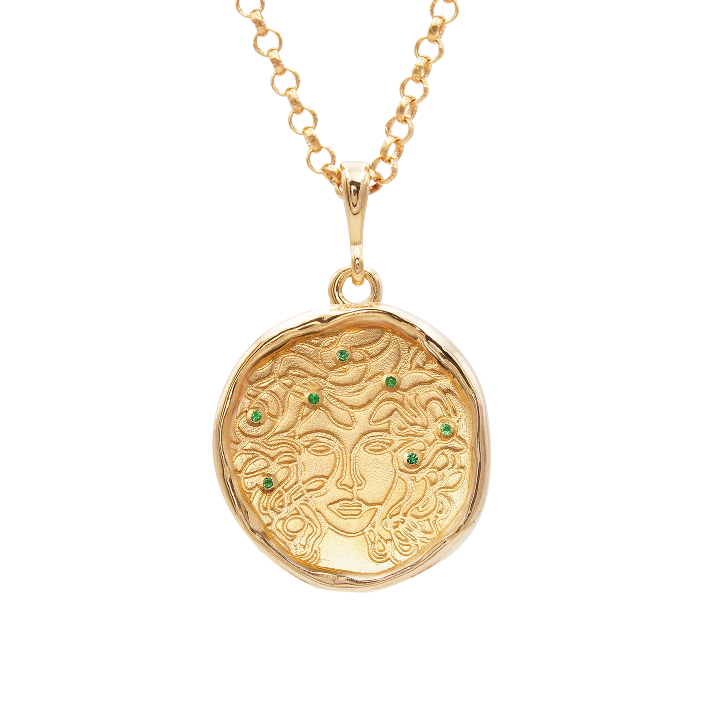 Emerald Medallion Necklace with Medusa Design