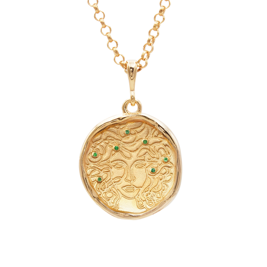 Emerald Medallion Necklace with Medusa Design