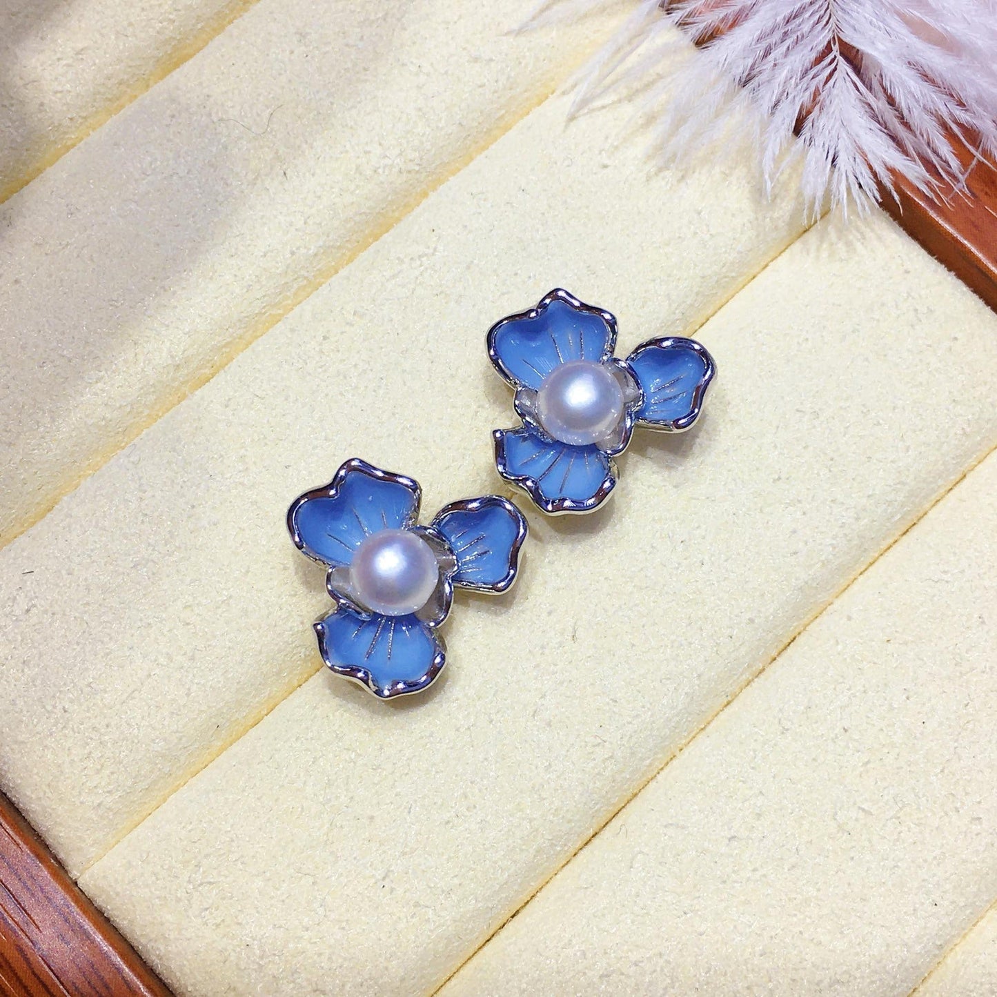 Blue Floral Pearl Earrings 7-7.5mm Size