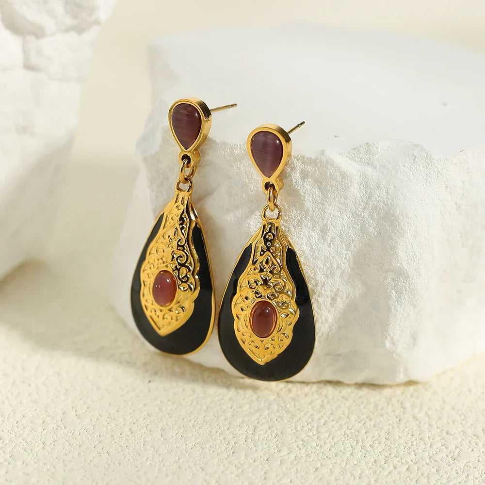 Gold Plated Black Gothic Drop Earrings