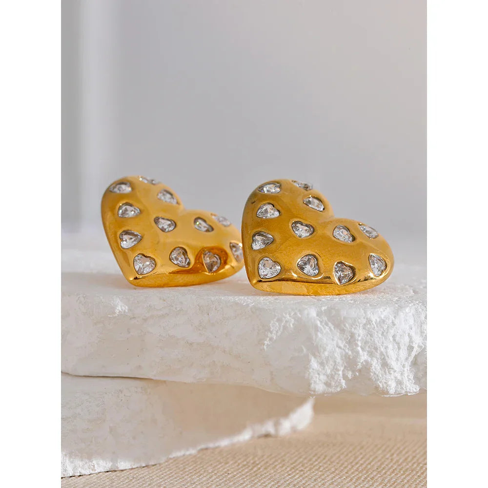 Gold Heart Shaped Stud Earrings