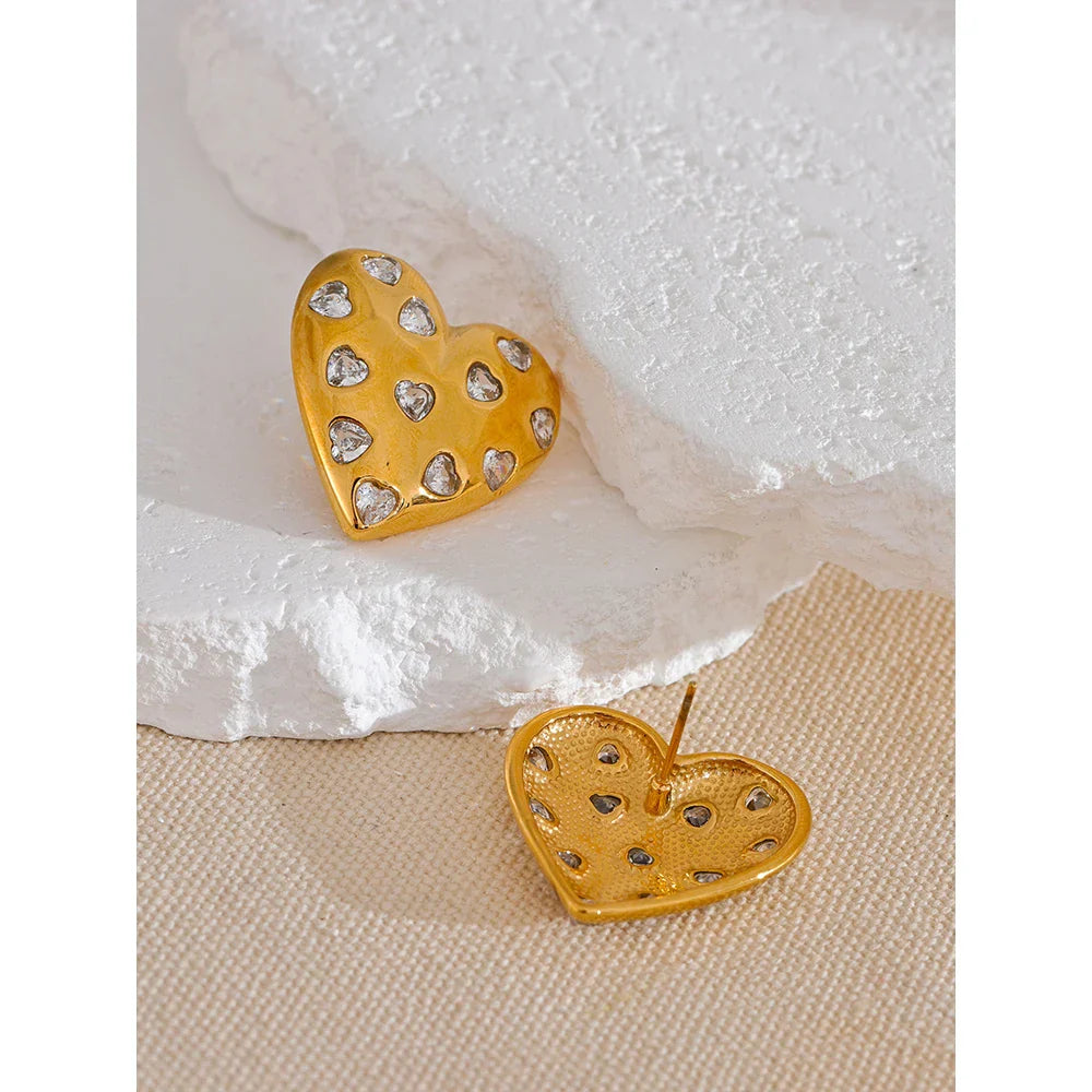 Gold Heart Shaped Stud Earrings