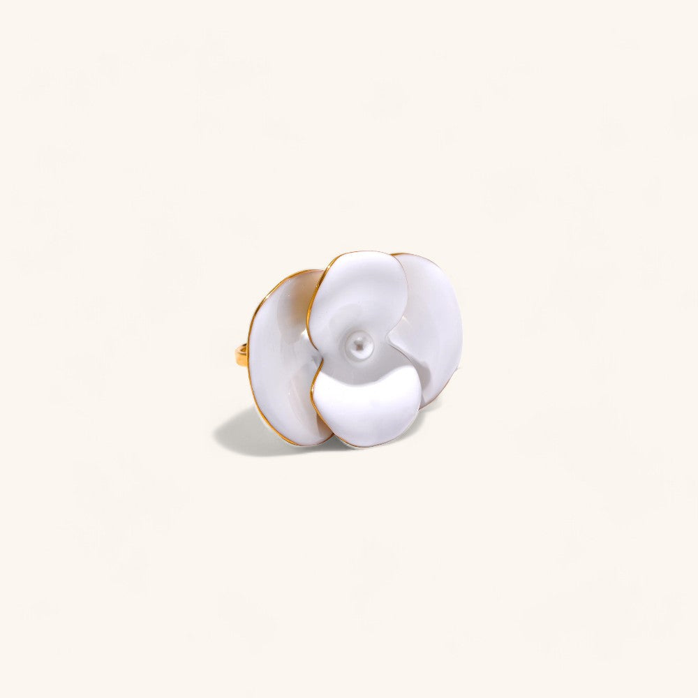 White Enamel Floral Design Ring