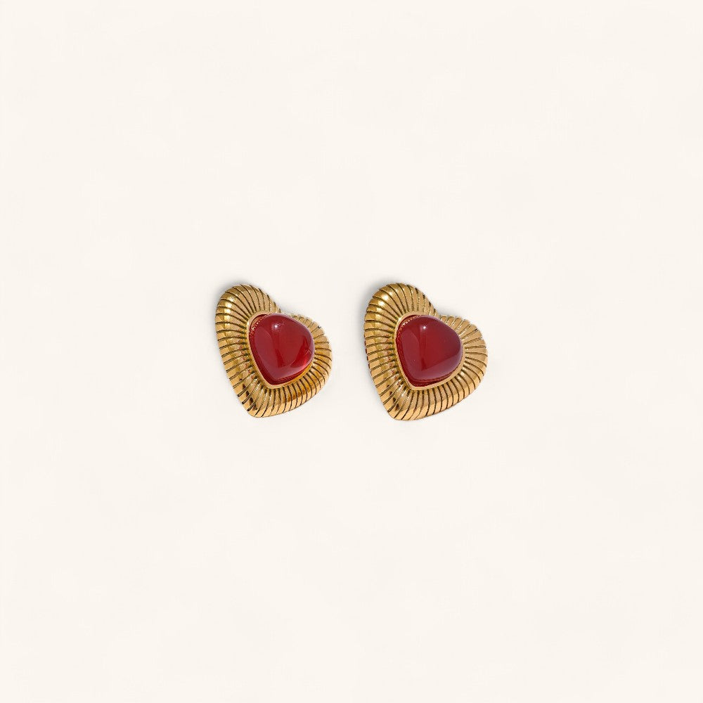 Red Agate Heart Charm Stud Earrings