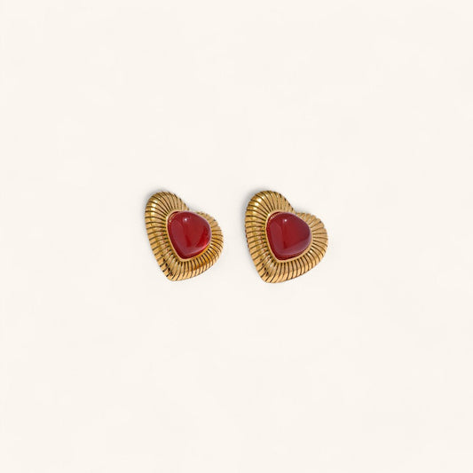 Red Agate Heart Charm Stud Earrings