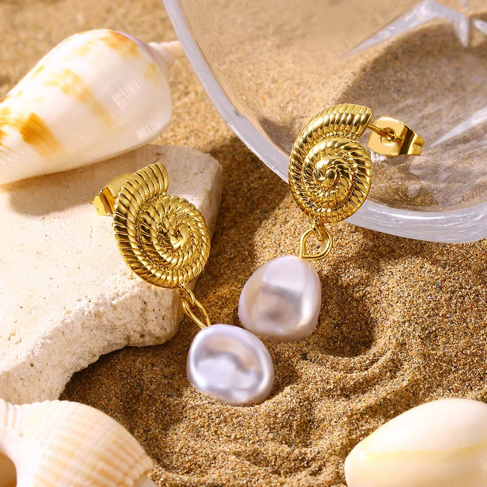 Geometric Pearl Conch Shell Earrings in Gold