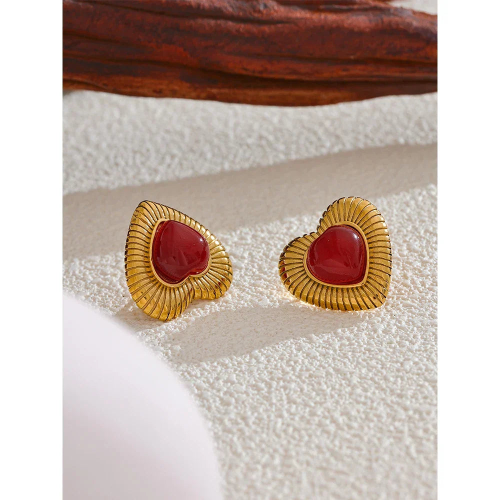 Red Agate Heart Charm Stud Earrings