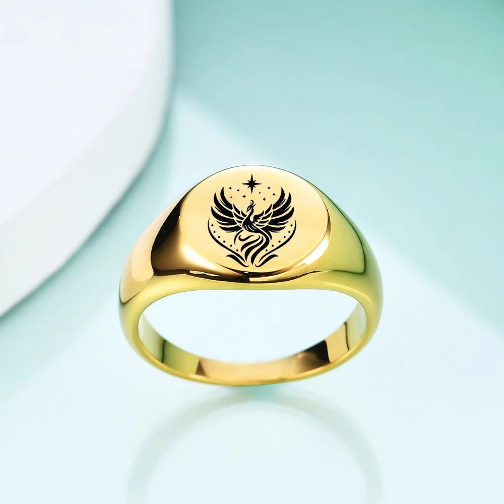 Women's Stainless Steel Signet Ring in Phoenix Fire Design