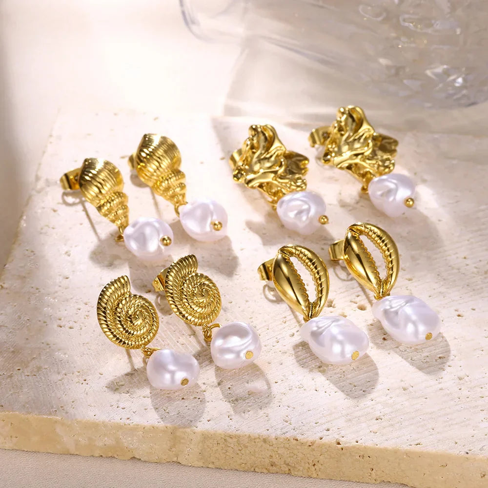 Geometric Pearl Conch Shell Earrings in Gold