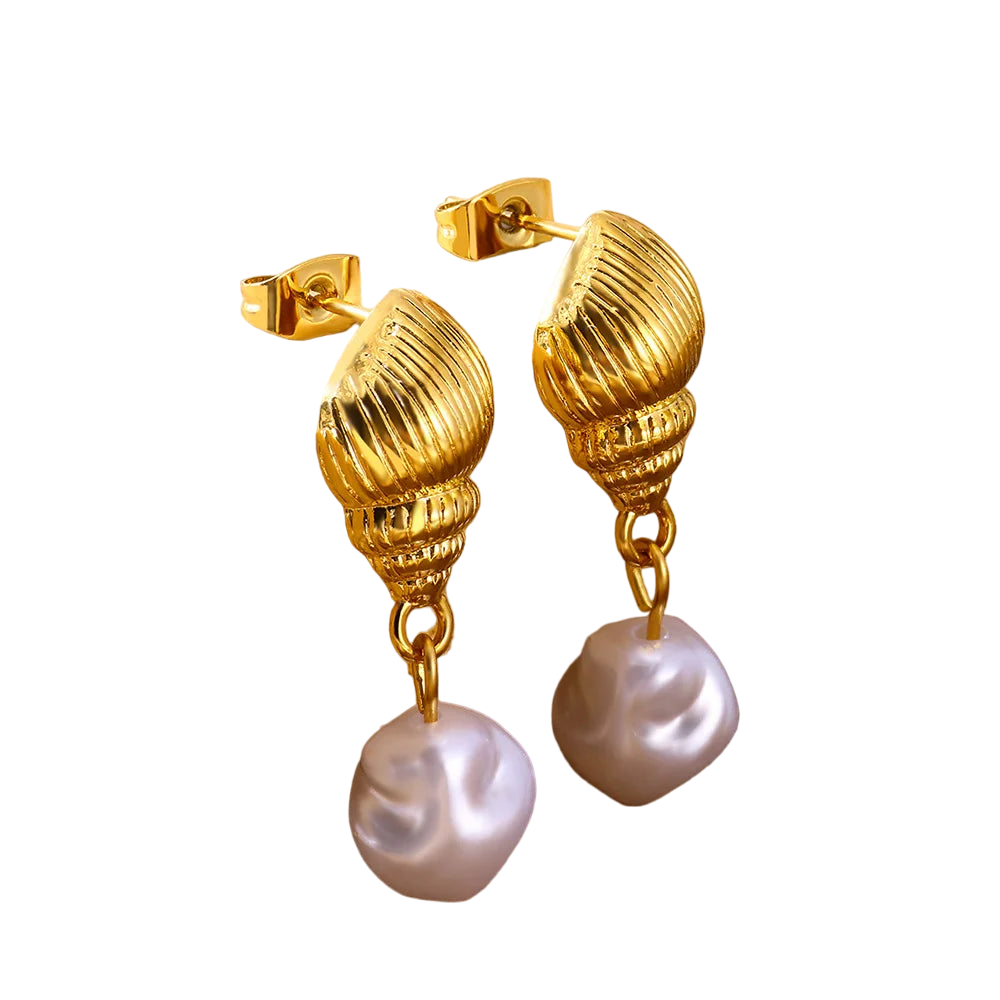 Geometric Pearl Conch Shell Earrings in Gold