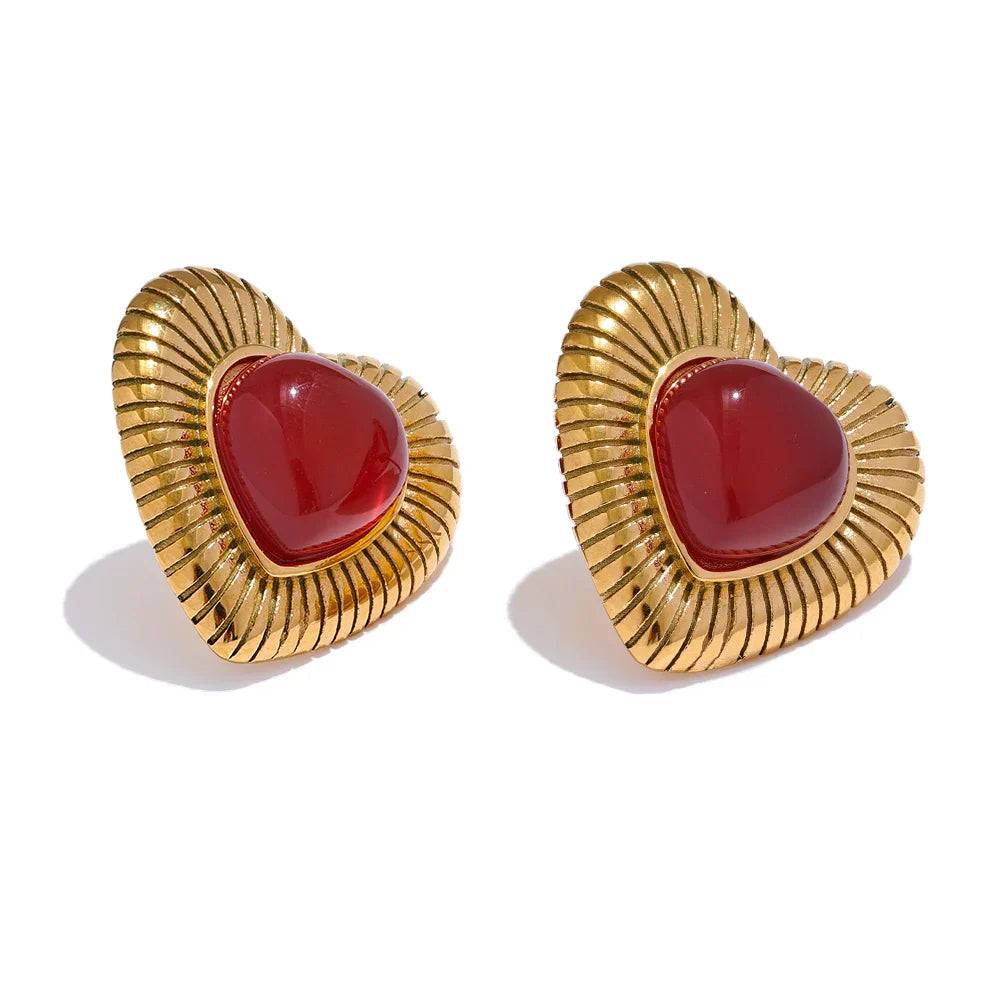 Red Agate Heart Charm Stud Earrings