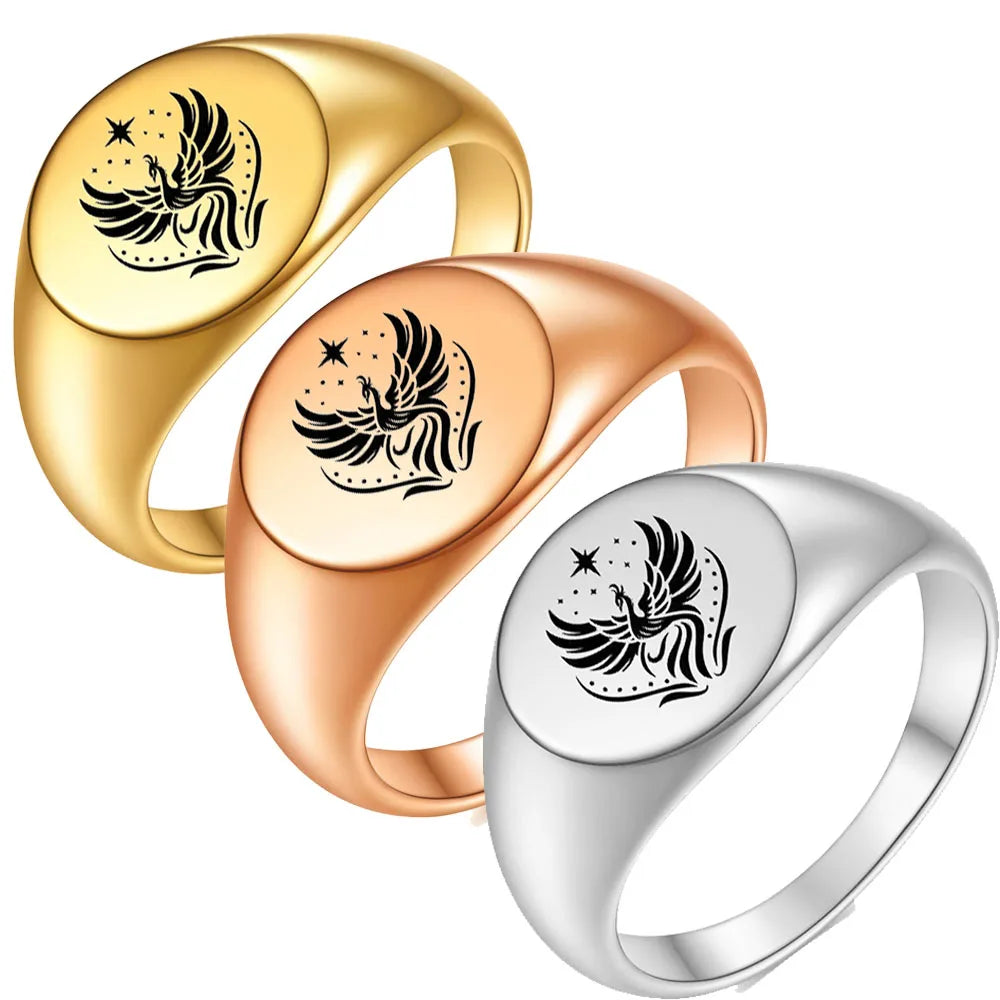 Women's Stainless Steel Signet Ring in Phoenix Fire Design