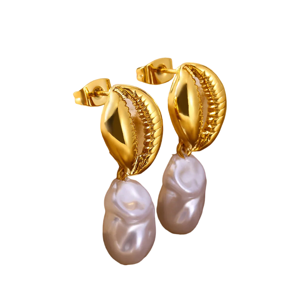 Geometric Pearl Conch Shell Earrings in Gold