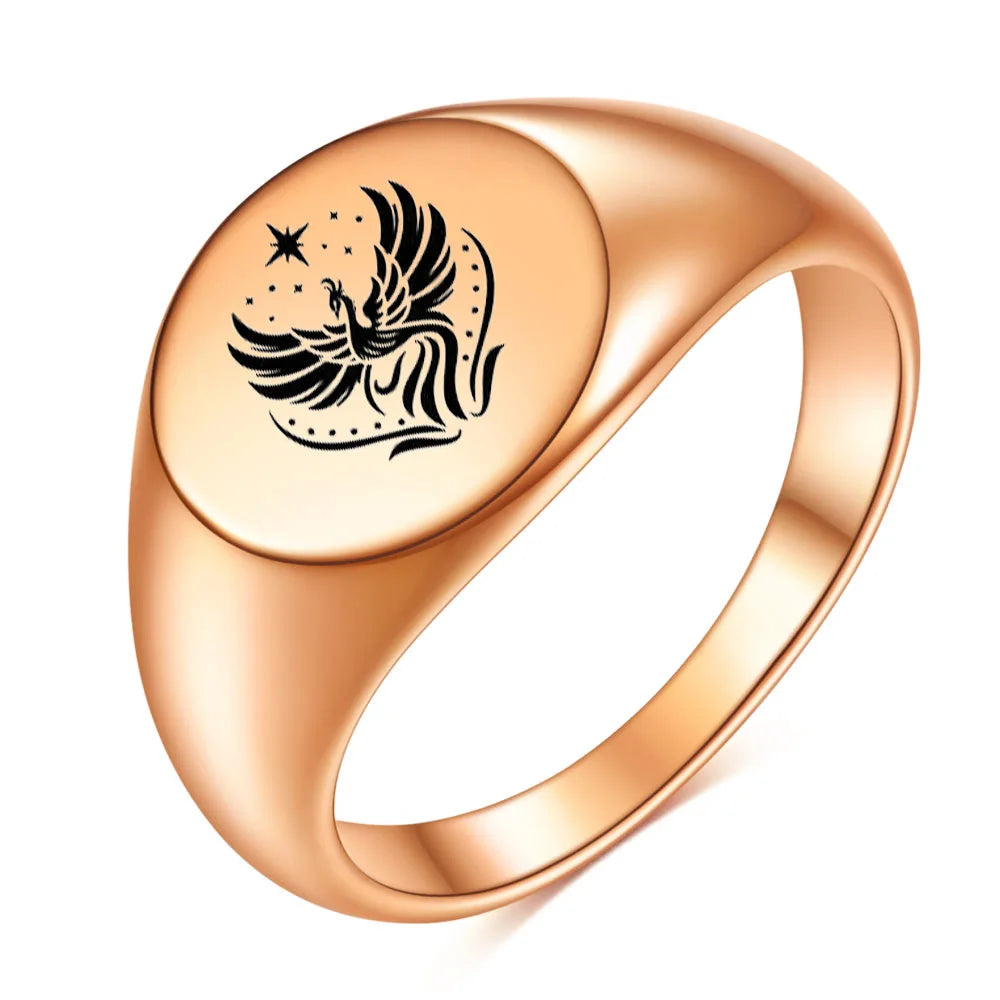 Women's Stainless Steel Signet Ring in Phoenix Fire Design