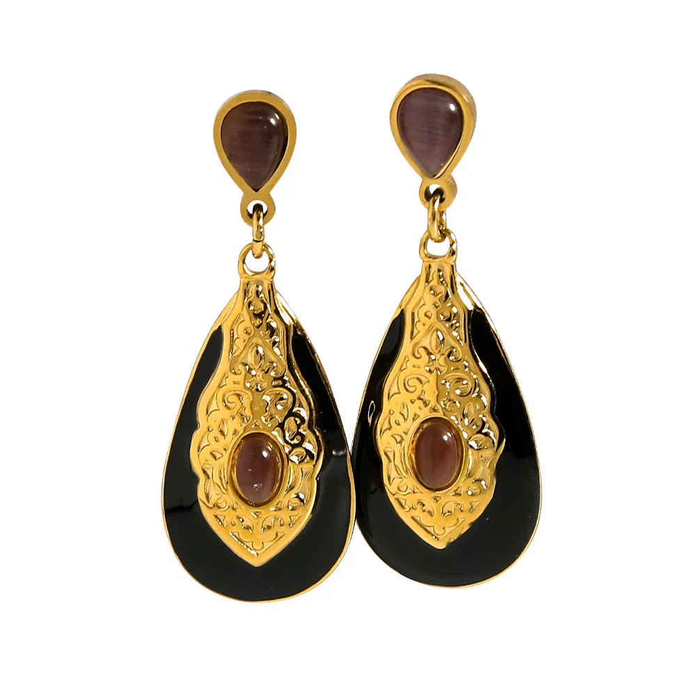 Gold Plated Black Gothic Drop Earrings