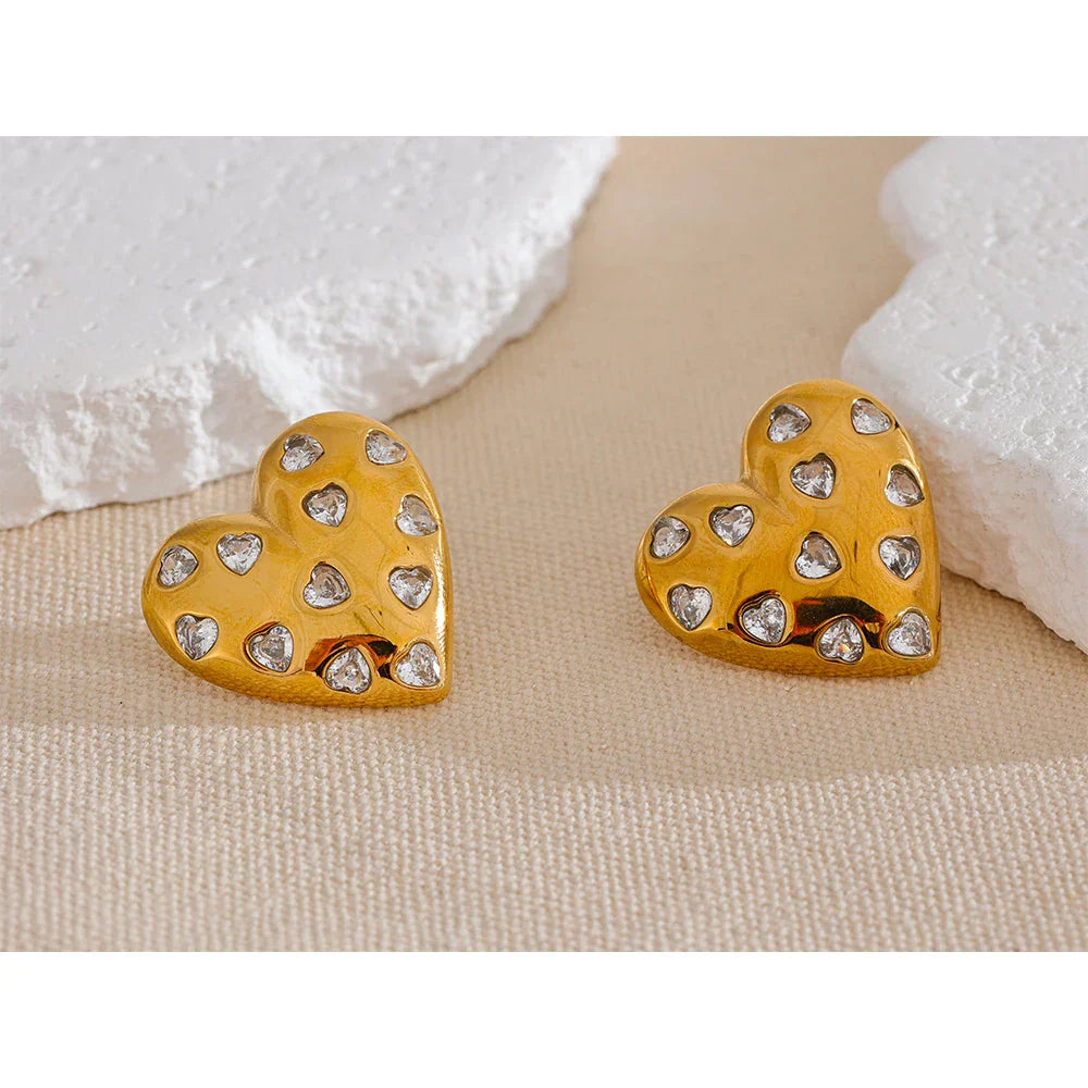 Gold Heart Shaped Stud Earrings