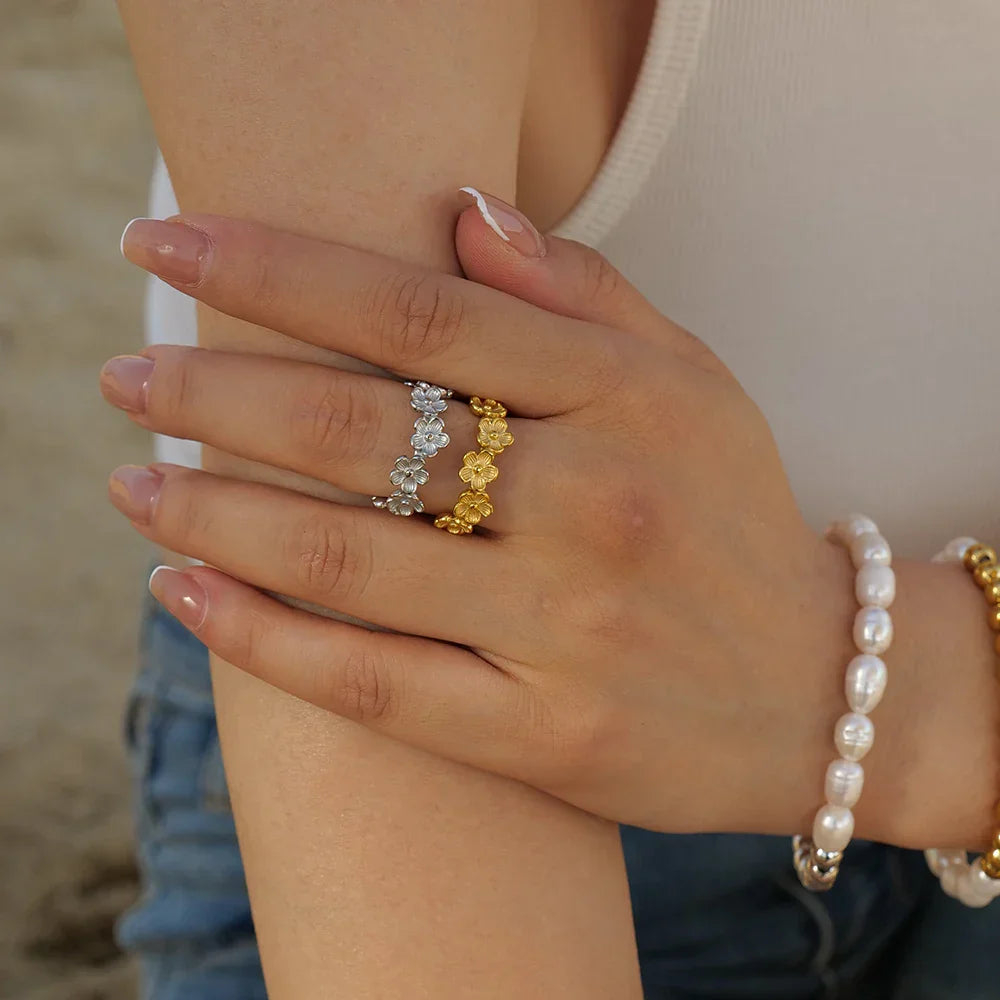 Floral Design Stainless Steel Ring with Stone