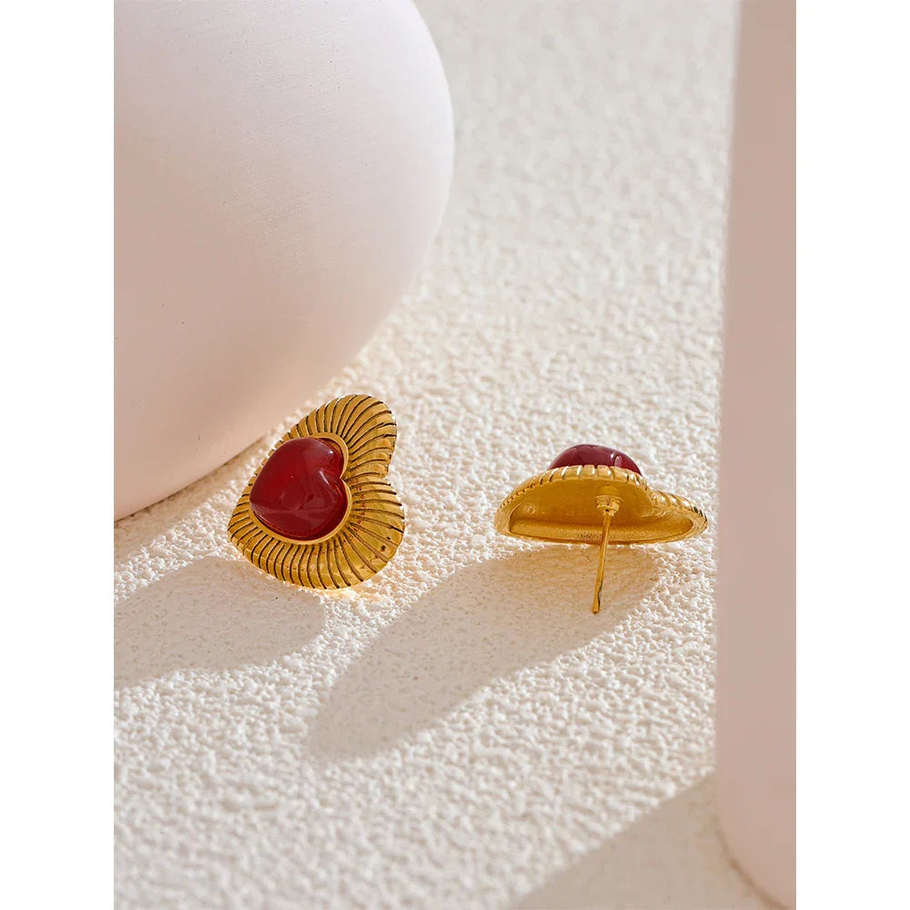 Red Agate Heart Charm Stud Earrings