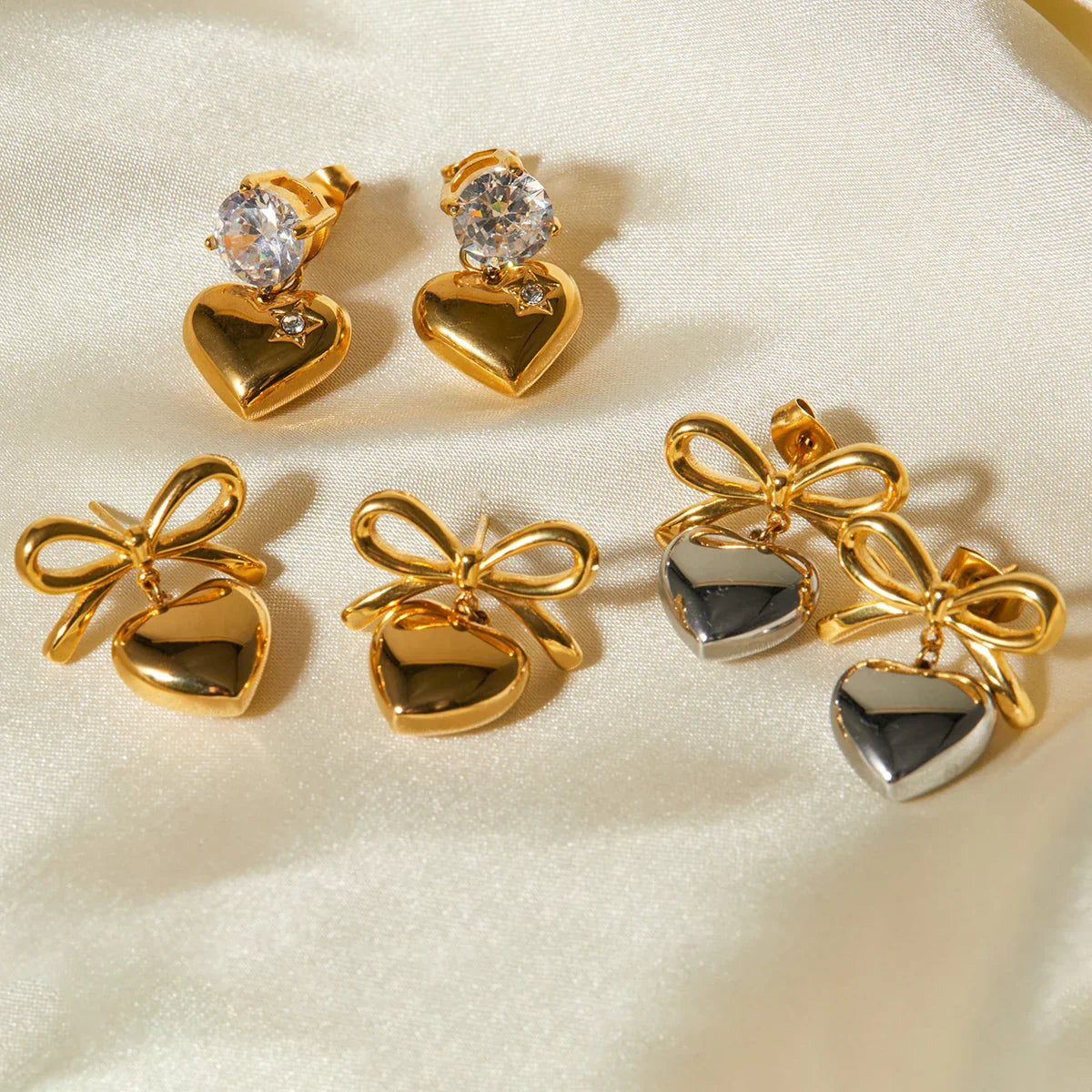 Gold Plated Heart Dangle Earrings with Cubic Zirconia