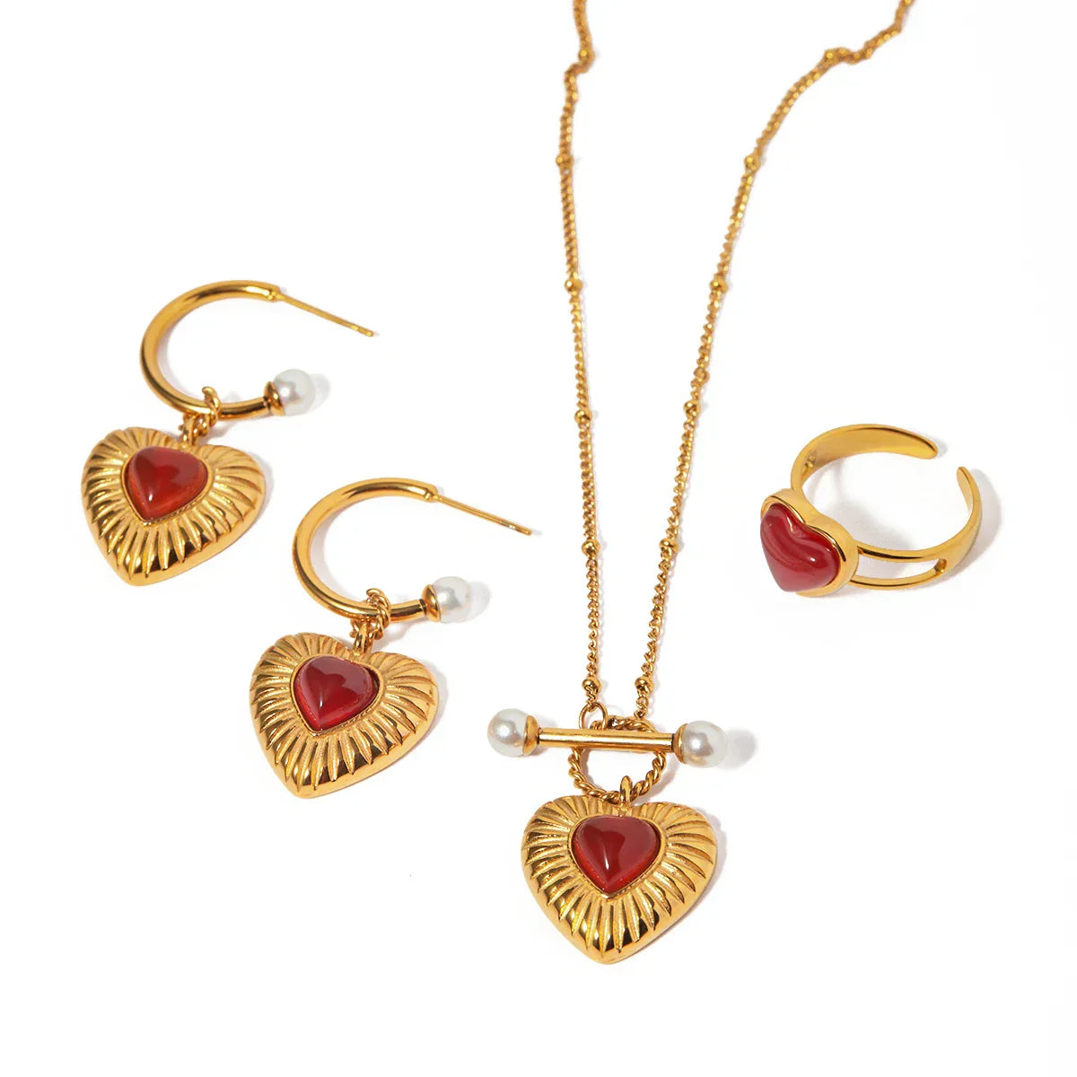 Red Agate Heart Earrings and Necklace Set