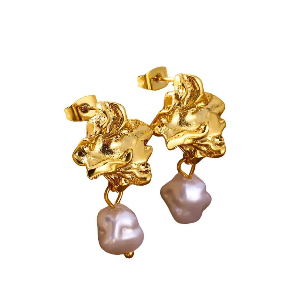 Geometric Pearl Conch Shell Earrings in Gold