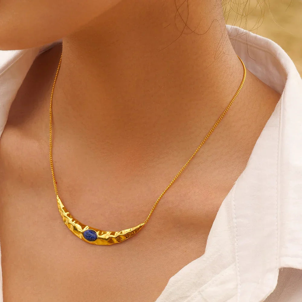 Gold and Lapis Moon Pendant Necklace