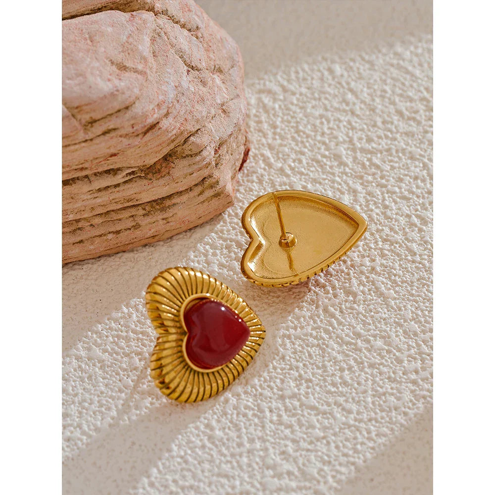 Red Agate Heart Charm Stud Earrings