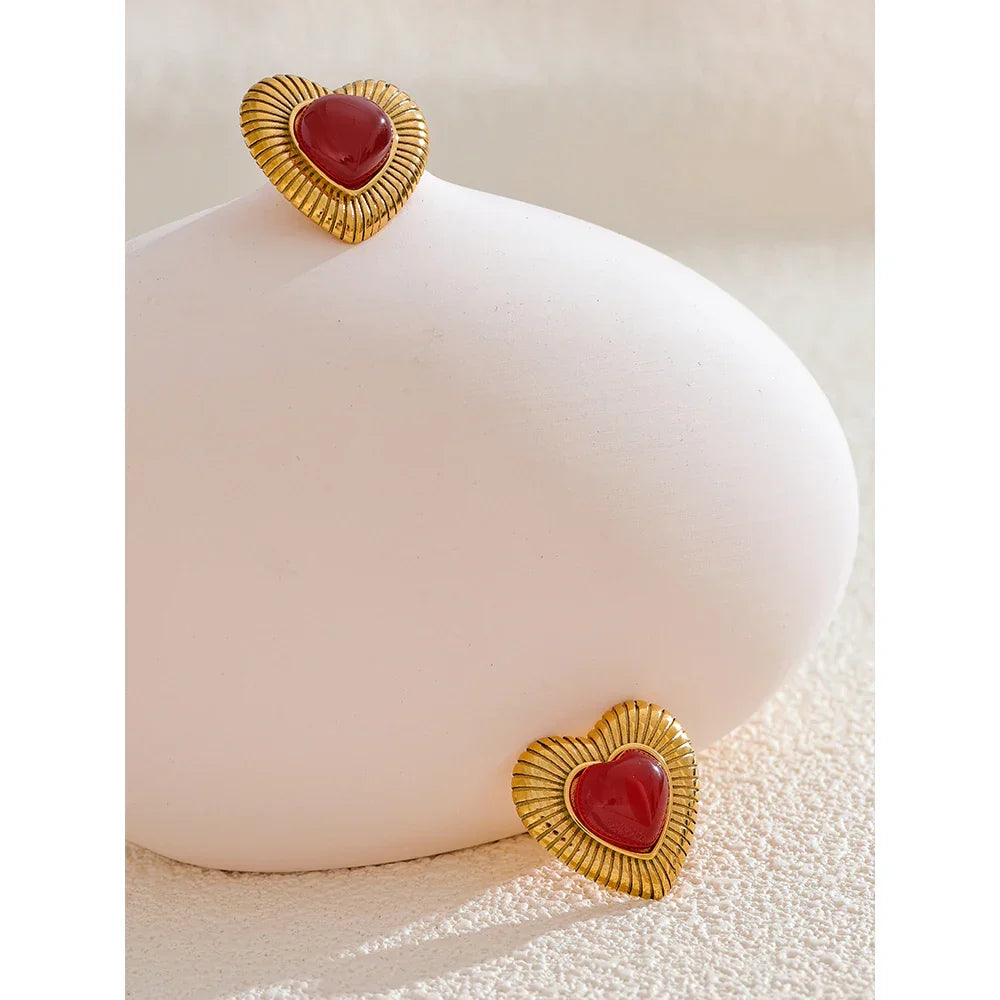 Red Agate Heart Charm Stud Earrings