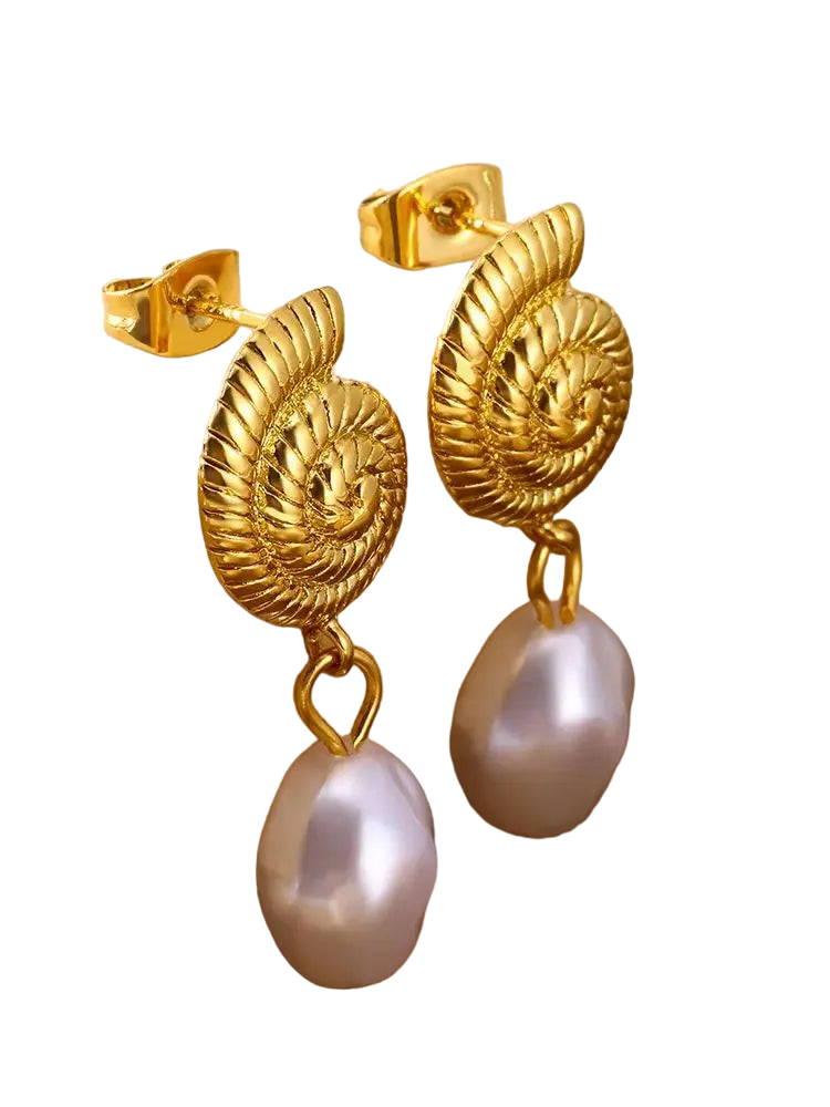 Geometric Pearl Conch Shell Earrings in Gold