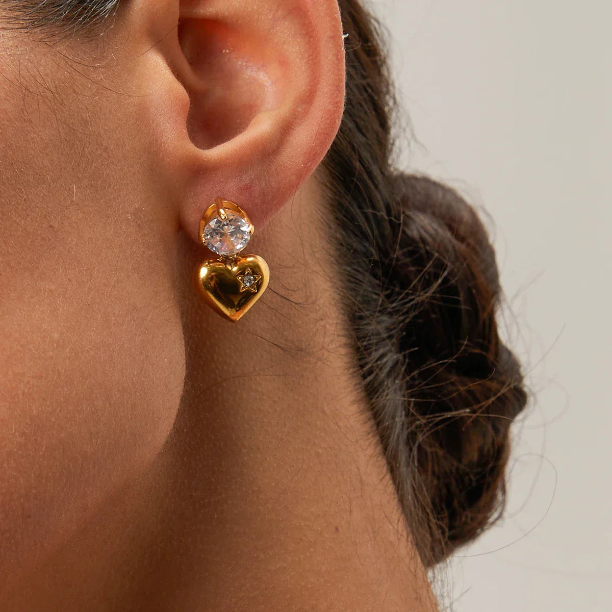 Gold Plated Heart Dangle Earrings with Cubic Zirconia