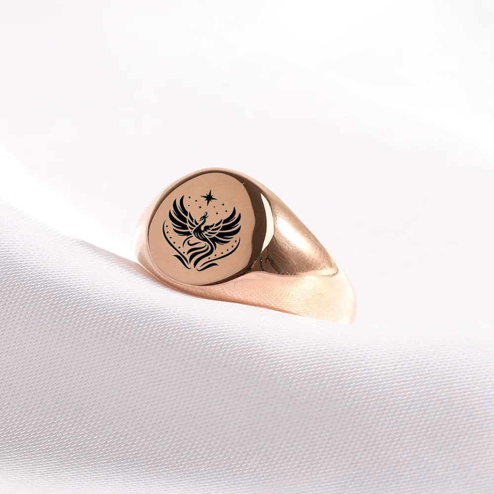 Women's Stainless Steel Signet Ring in Phoenix Fire Design