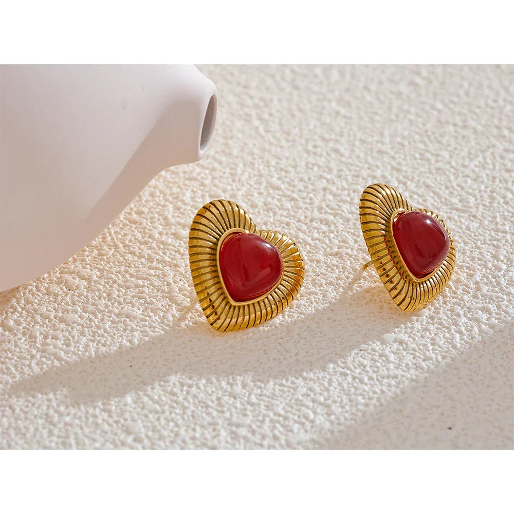 Red Agate Heart Charm Stud Earrings