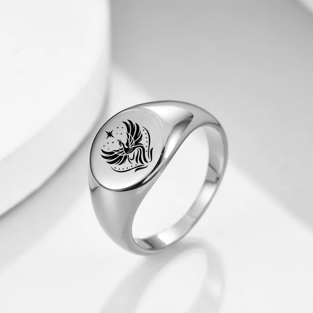 Women's Stainless Steel Signet Ring in Phoenix Fire Design