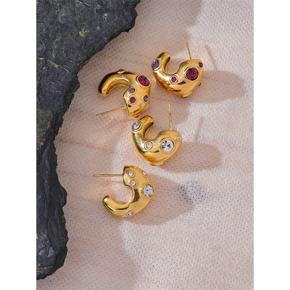 Gold Cubic Zirconia C-Shape Earrings