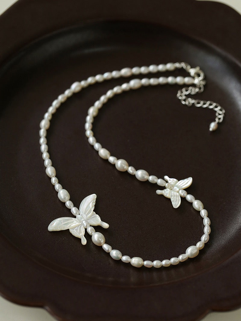 Black and White Pearl Shell Butterfly Necklace