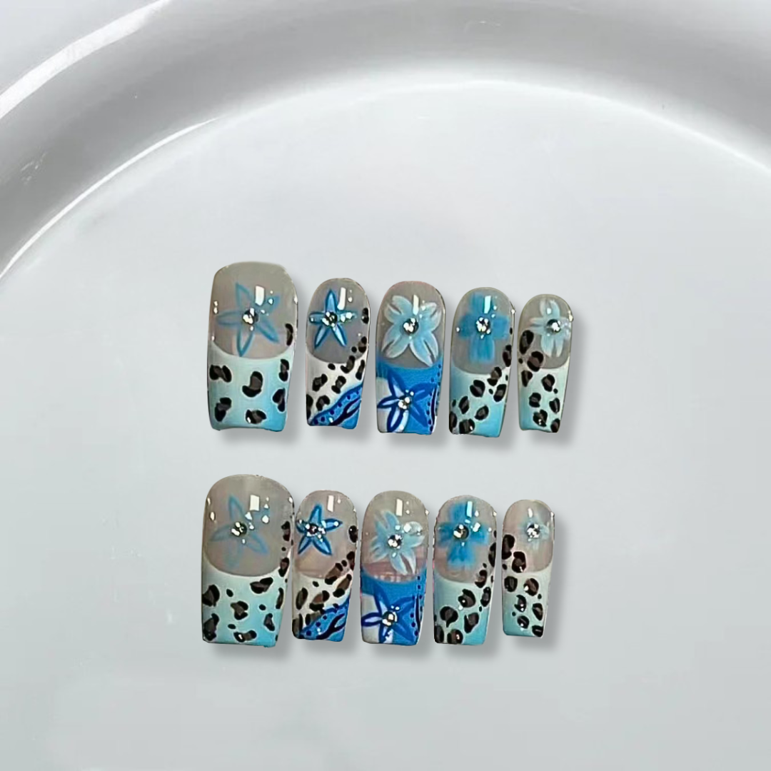 Blue leopard print French hand-painted blue flowers-XHS413