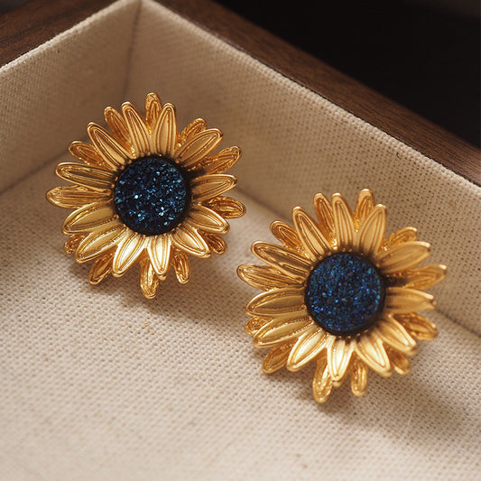 vintage Sunflower Ear Clip Earrings without Pierced Middle Ancient Retro Distressed Gold-Plated Flowers Designer Van Gogh