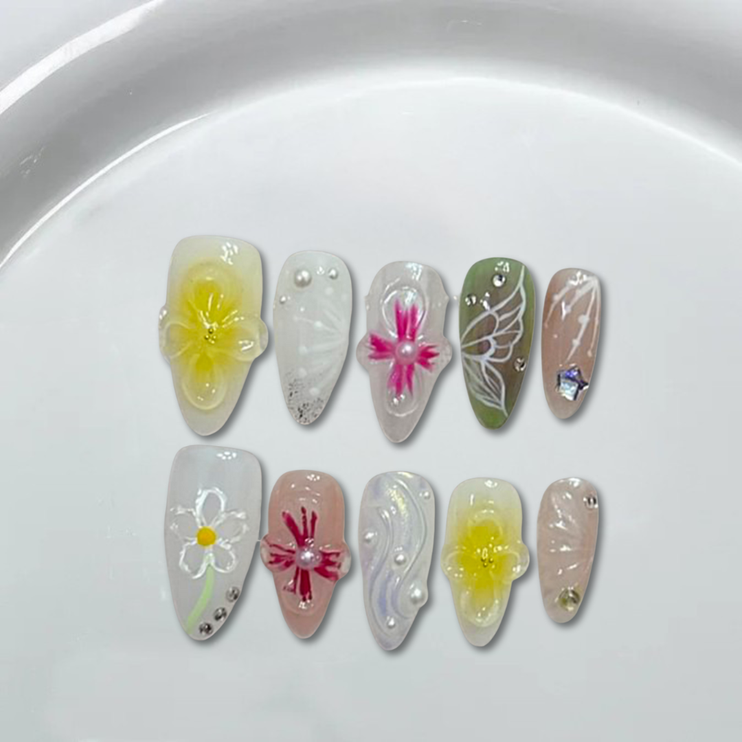 3d aurora hand drawn butterfly flowers Almond Nails-XHS301