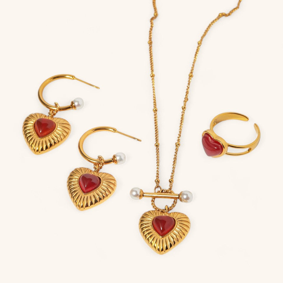 Red Agate Heart Earrings and Necklace Set