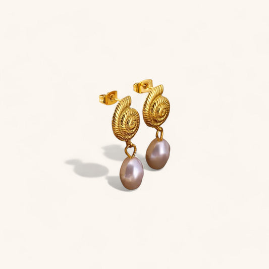 Geometric Pearl Conch Shell Earrings in Gold