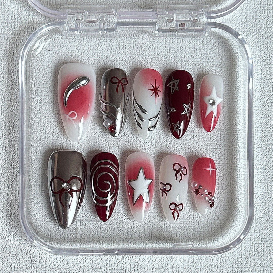 Red Metal Silver Star Bow Almond Nails-XHS204