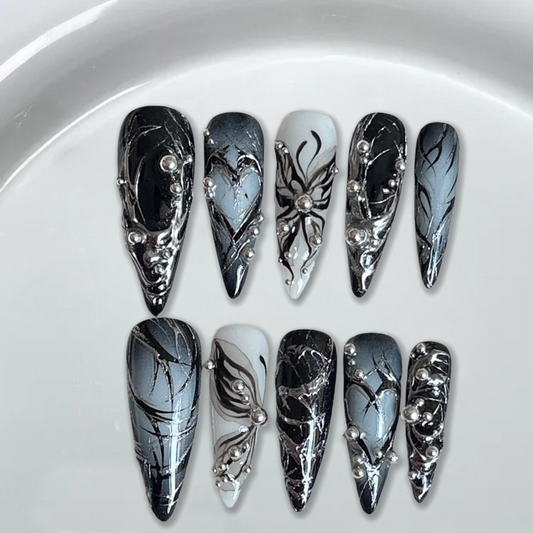 black and chrome aura Stiletto nails-XHS332