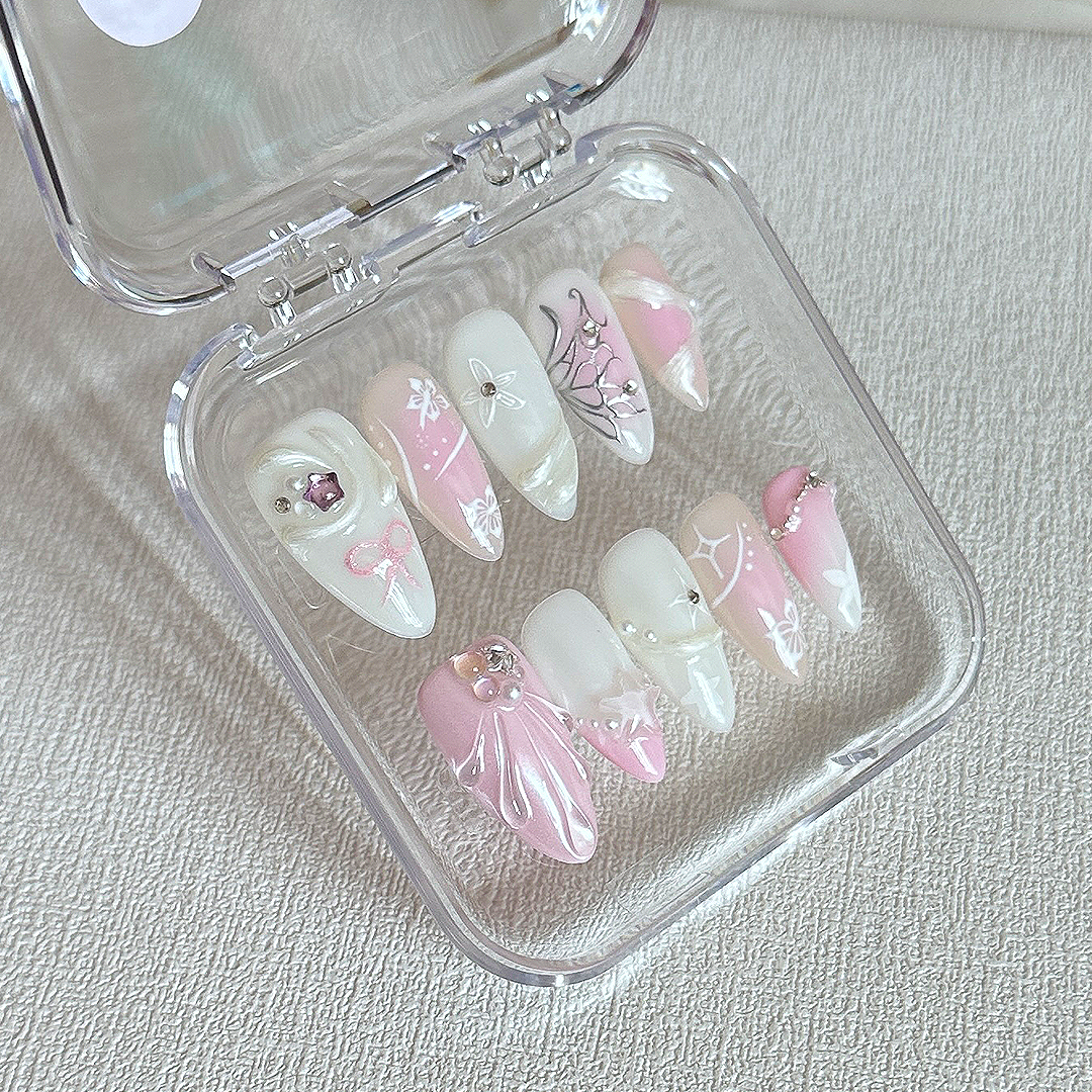 pink shell butterfly Almond nails-XHS236