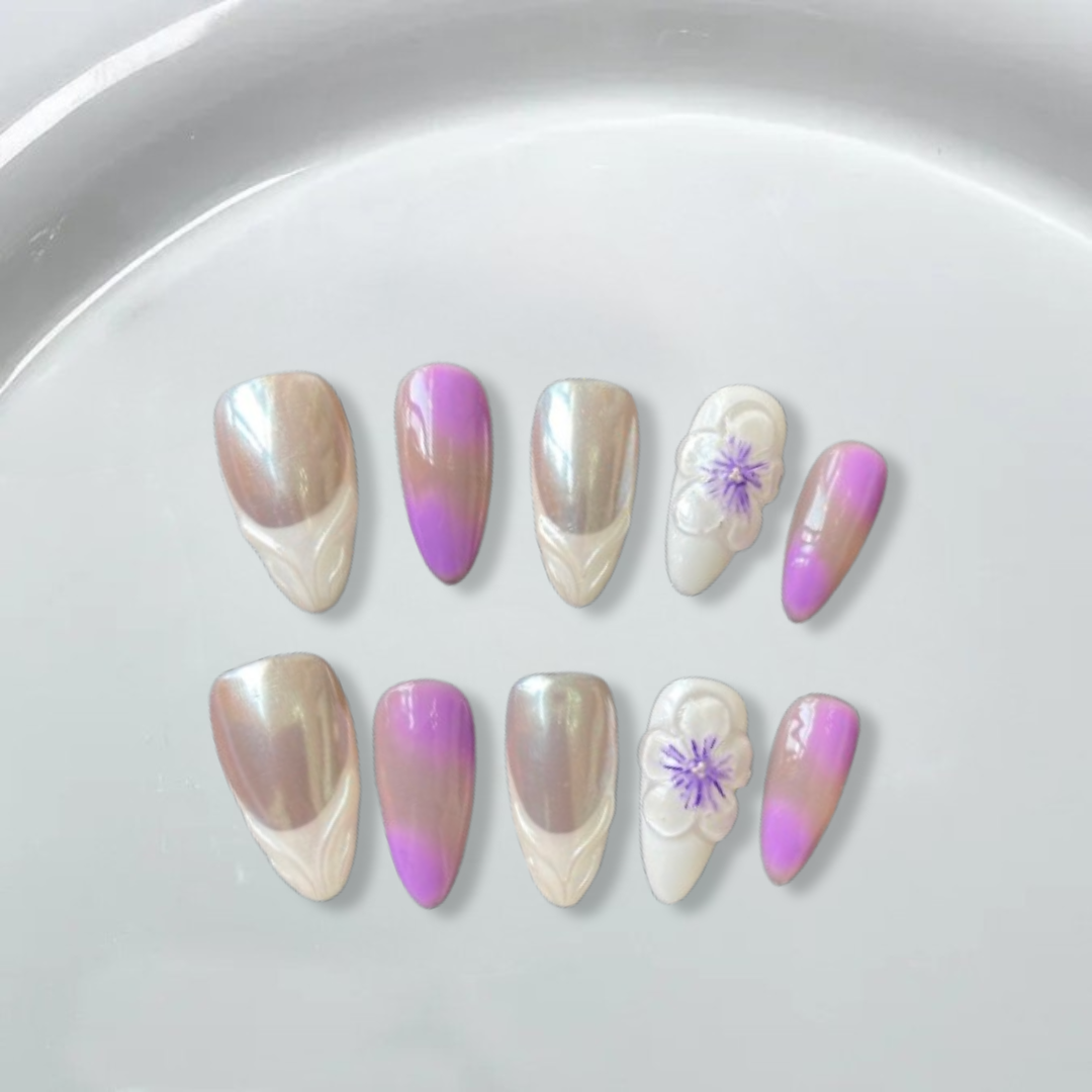 Aurora French 3D purple flowers Almond Nails-XHS368